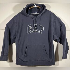 Vintage Gap Men’s Sweatshirt Large Faded Navy Hoodie Spell Out  Reverse Weave